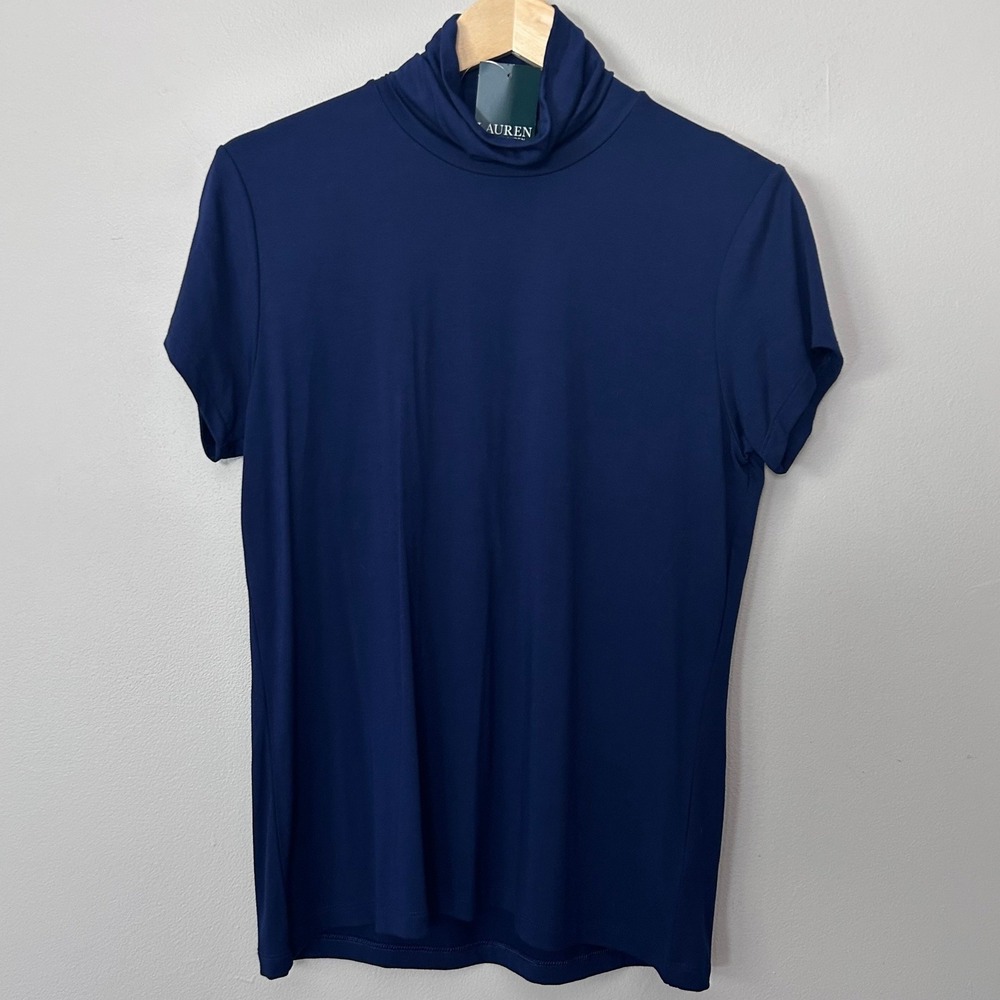 Lauren Ralph Lauren Top Womens Large Navy Mock Neck Short Sleeve Stretch NWT
